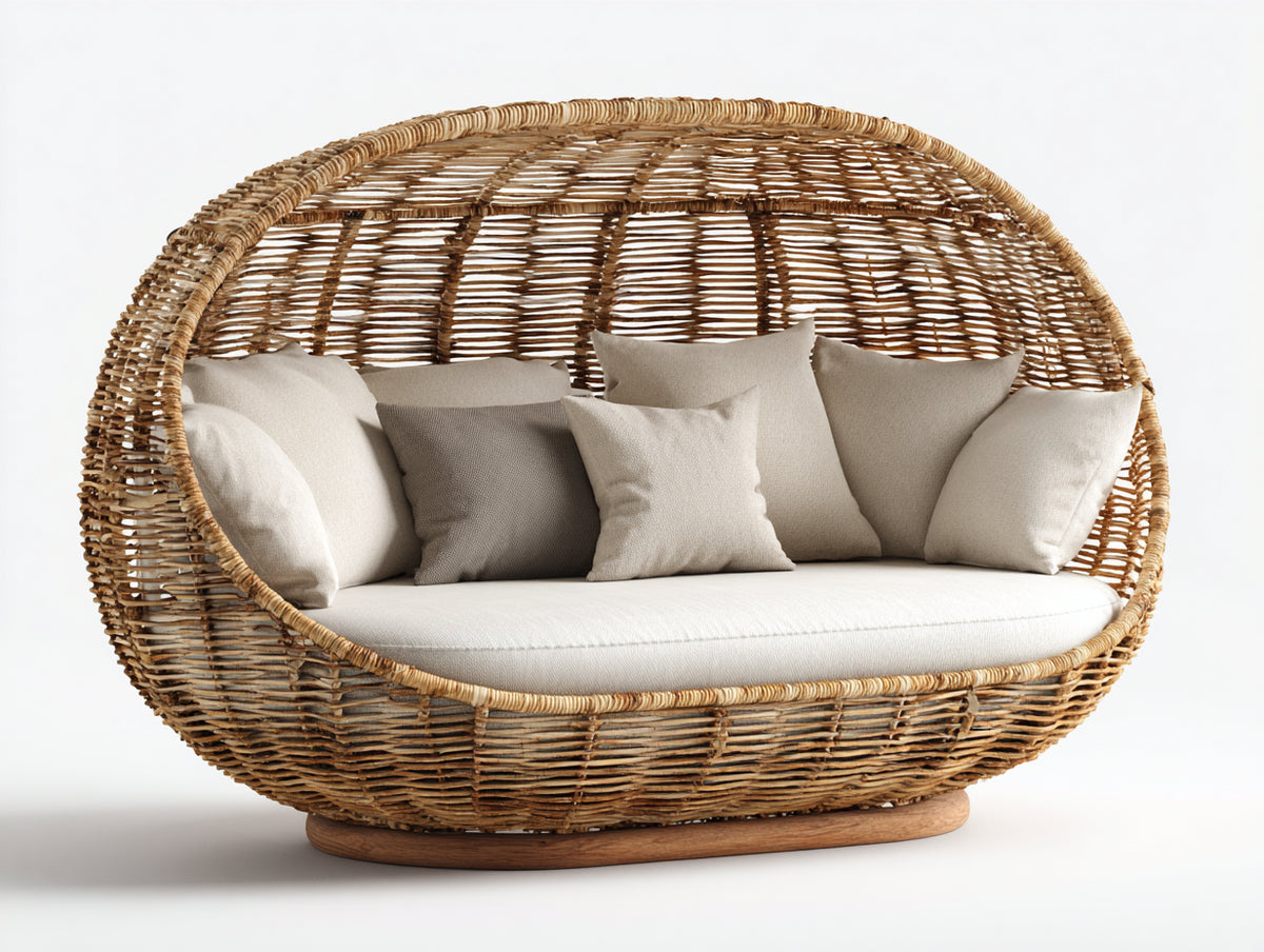 Gartensofa aus Rattan 210 x 105 x 145 cm - Natur Beige - rundes Lounge Design mit überdachter Rückenstruktur