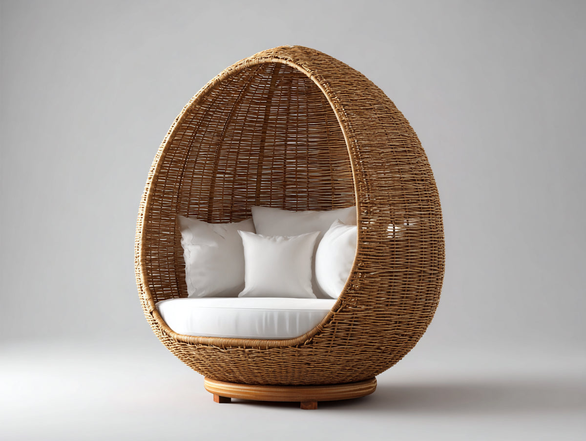 Gartensofa aus Polyrattan 150 x 110 x 175 cm - Natur-Weiß - Rundes Lounge-Design mit hoher Überdachung