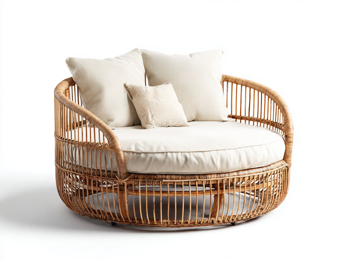Gartensofa Rattangeflecht 160x160x90 cm - Naturbraun-Cremeweiß - Rundes Loungedesign mit gebogener Rückenlehne