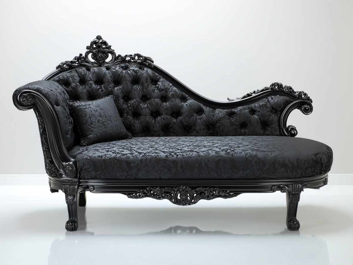 Chaiselongues aus Jacquardstoff 190 x 80 x 105 cm - Schwarz - Gepolstert mit Knopfheftung und dekorativem Holzrahmen