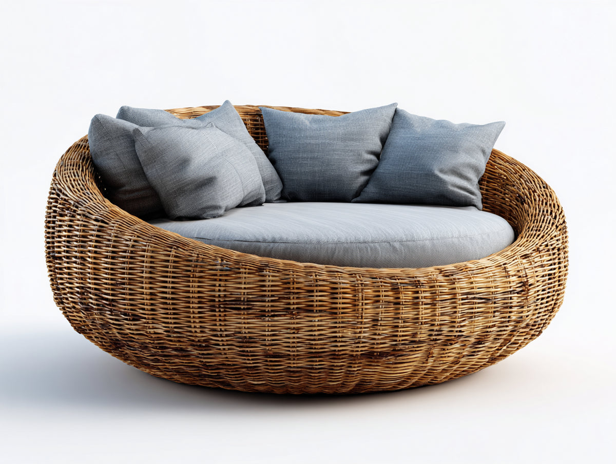Gartensofa Polyrattan 170x160x80 cm - Naturbraun und Hellgrau - Rundes Loungedesign mit gepolsterter Sitzfläche