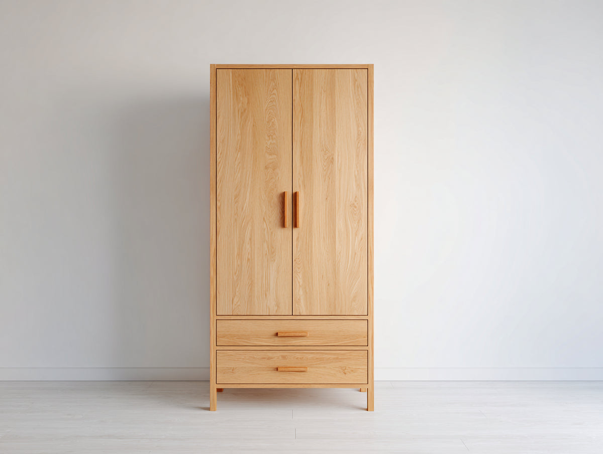 Kleiderschrank aus Holz 90 x 55 x 180 cm - Naturholz - 2 Türen und 2 Schubladen