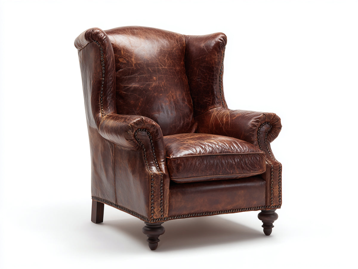 Sessel aus Leder 86 x 90 x 108 cm - Cognacbraun - Gepolstert mit hoher Rückenlehne und Ziernagelbesatz