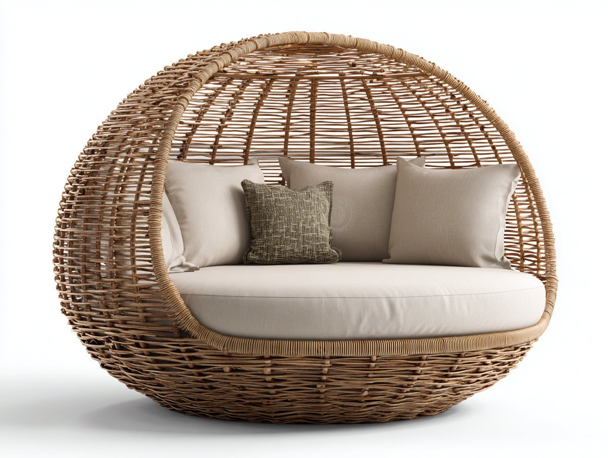 Gartensofa aus Polyrattan 180 x 110 x 155 cm - Natur-Weiß - Rundes Lounge-Design mit hoher Flechtumrahmung