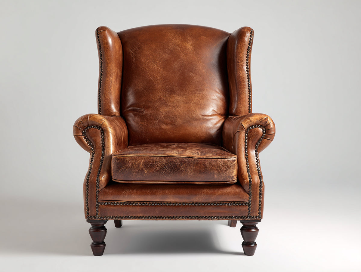 Sessel Leder und Holz 90x88x106 cm - Cognacbraun - Klassischer Ohrensessel mit Nietenbesatz
