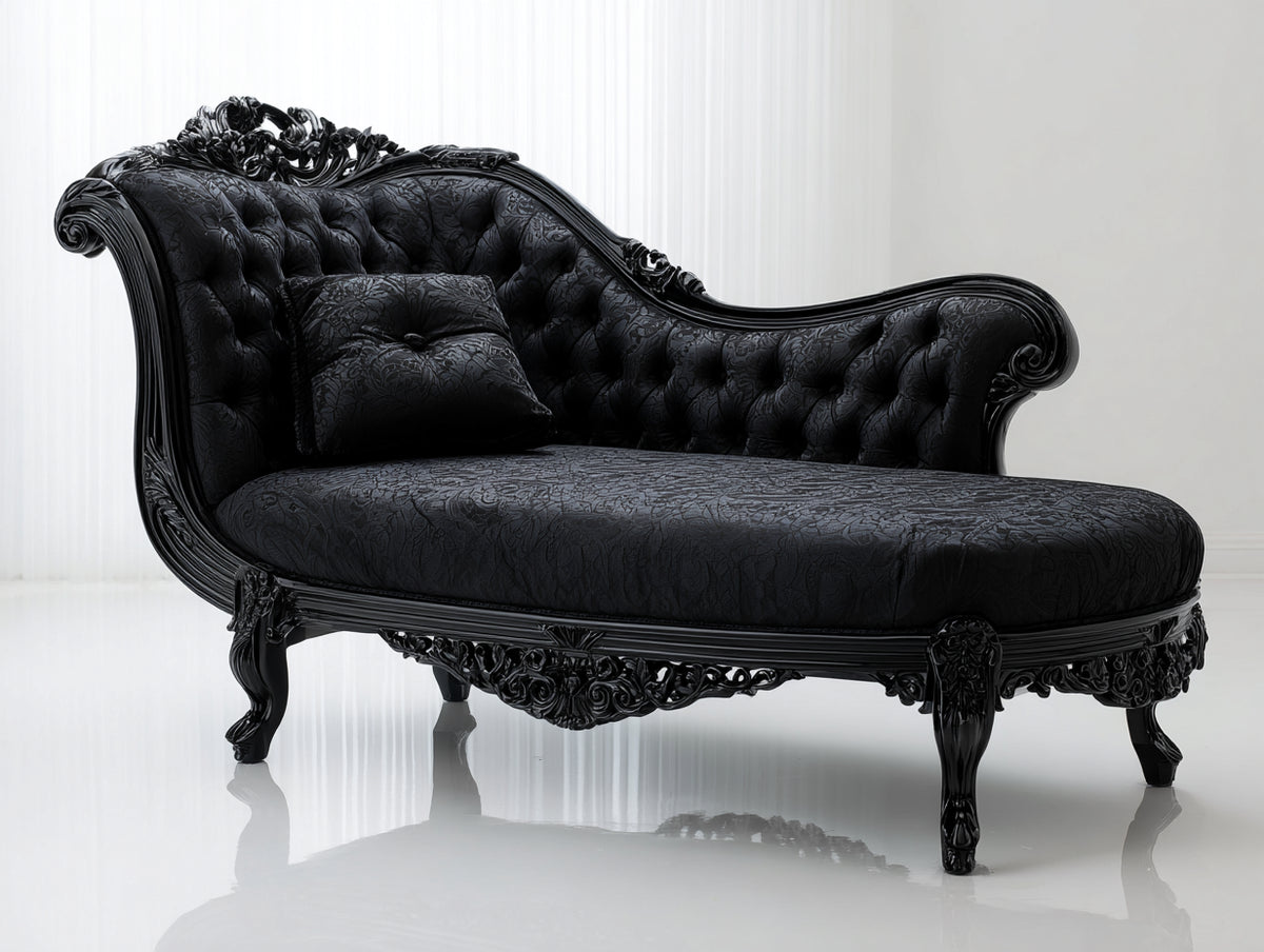 Chaiselongues Samt und Holz 185x78x95 cm - Schwarz - Klassisches Barockdesign mit Knopfheftung