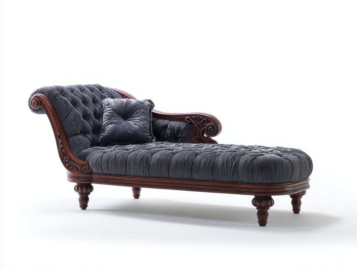 Chaiselongues Samt 195x85x95 cm - Dunkelgrau-Dunkelbraun - Knopfheftung und Holzrahmen - klassisches Design