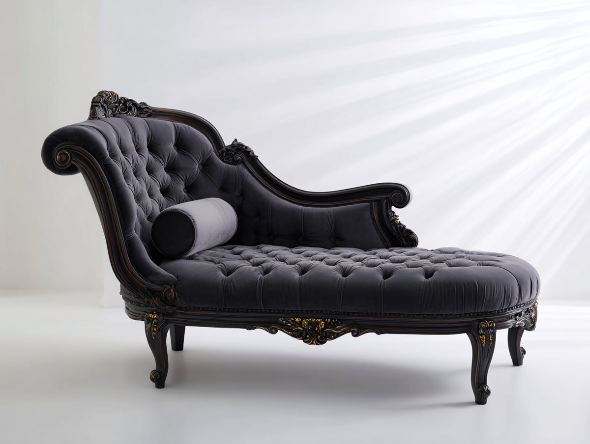 Chaiselongues Samt 190x80x105 cm - Dunkelgrau-Schwarz - Klassisches Design mit Knopfheftung