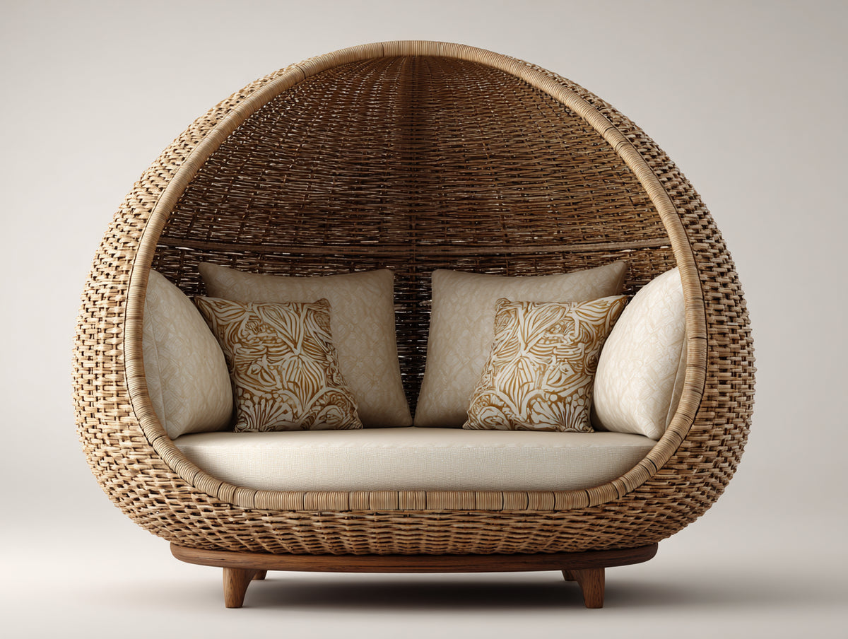Gartensofa Polyrattan 170x100x155 cm - Naturbraun-Cremeweiß - überdachte Korbform mit Holzsockel - moderner Gartenstil