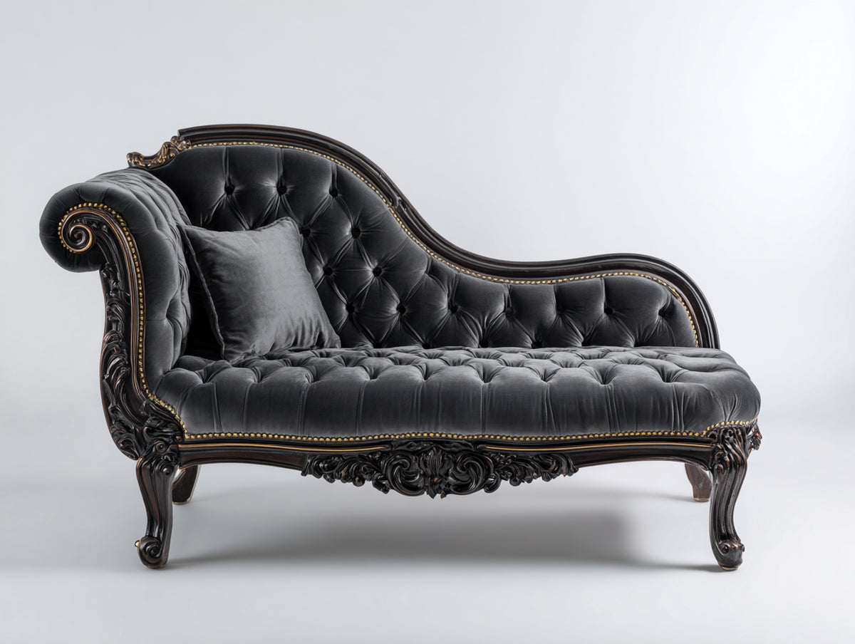 Chaiselongues Samt 185x78x108 cm - Anthrazit-Schwarz - Klassische Knopfheftung mit Zierrahmen