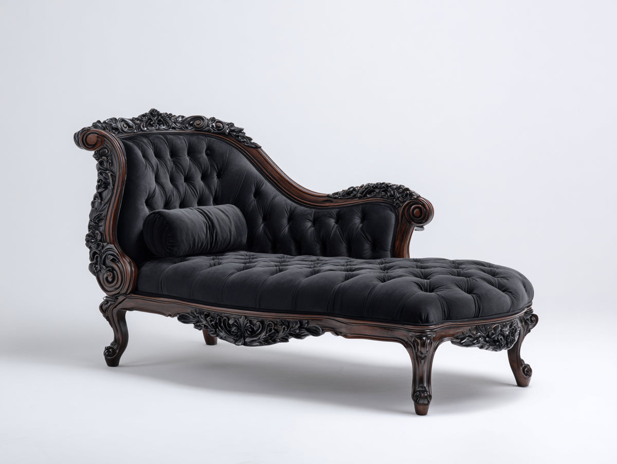 Chaiselongues aus Samt 185 x 75 x 95 cm - Schwarz-Dunkelbraun - Gepolstert mit Knopfheftung und geschnitztem Holzrahmen