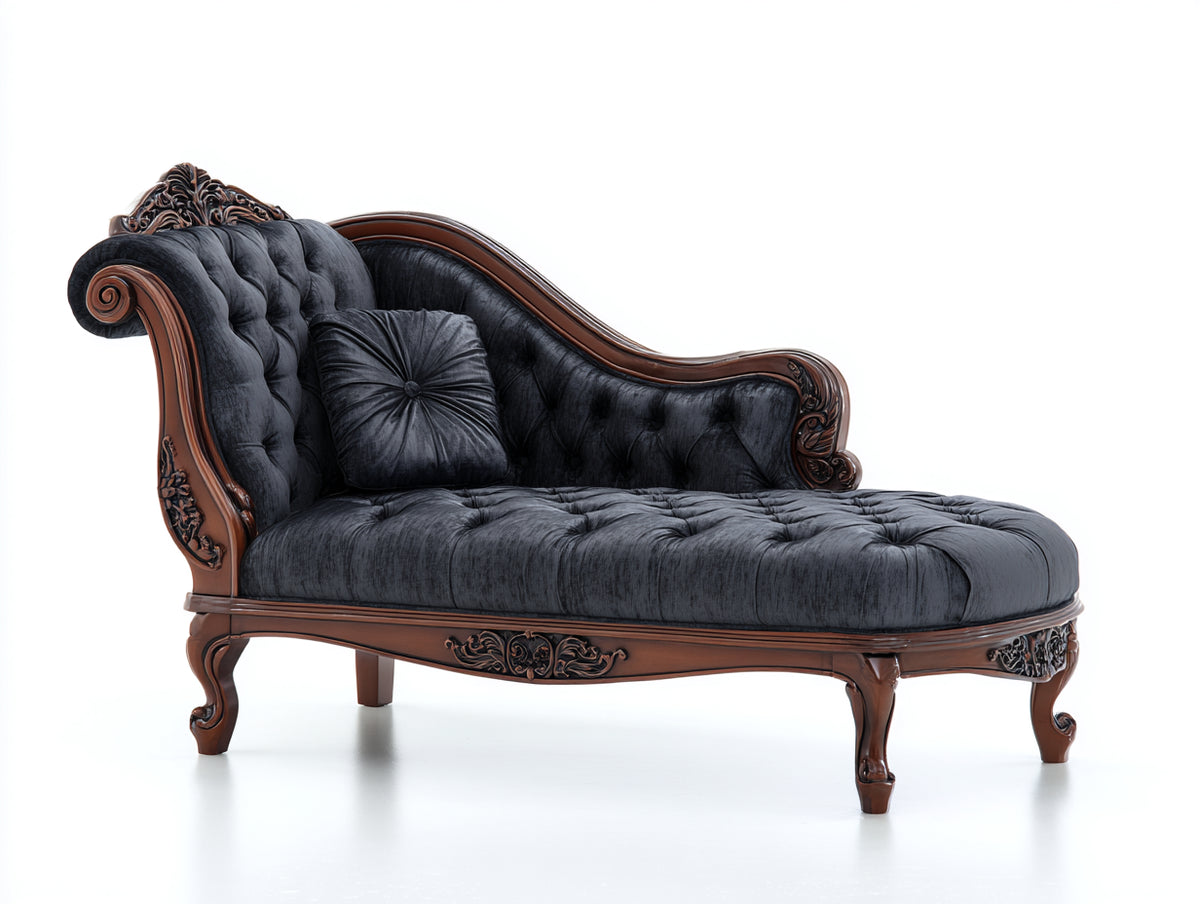 Chaiselongues Samt und Holz 180x80x92 cm - Dunkelgrau und Braun - Klassisches Barockdesign mit Knopfheftung