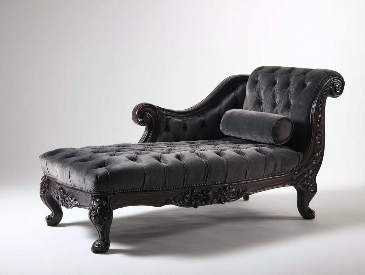 Chaiselongues Samt und Holz 180x75x90 cm - Dunkelgrau und Dunkelbraun - Klassisches Chesterfield Design