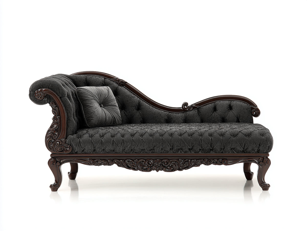 Chaiselongues aus Stoff 185 x 78 x 92 cm - Dunkelgrau-Dunkelbraun - Gepolstert mit Knopfheftung und geschnitztem Holzrahmen