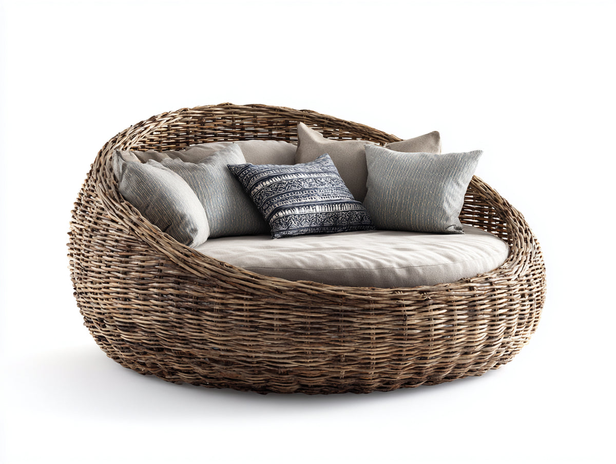 Gartensofa Polyrattan 175x120x95 cm - Naturbraun-Beige - runde Loungeform mit geflochtenem Rahmen - moderner Gartenstil