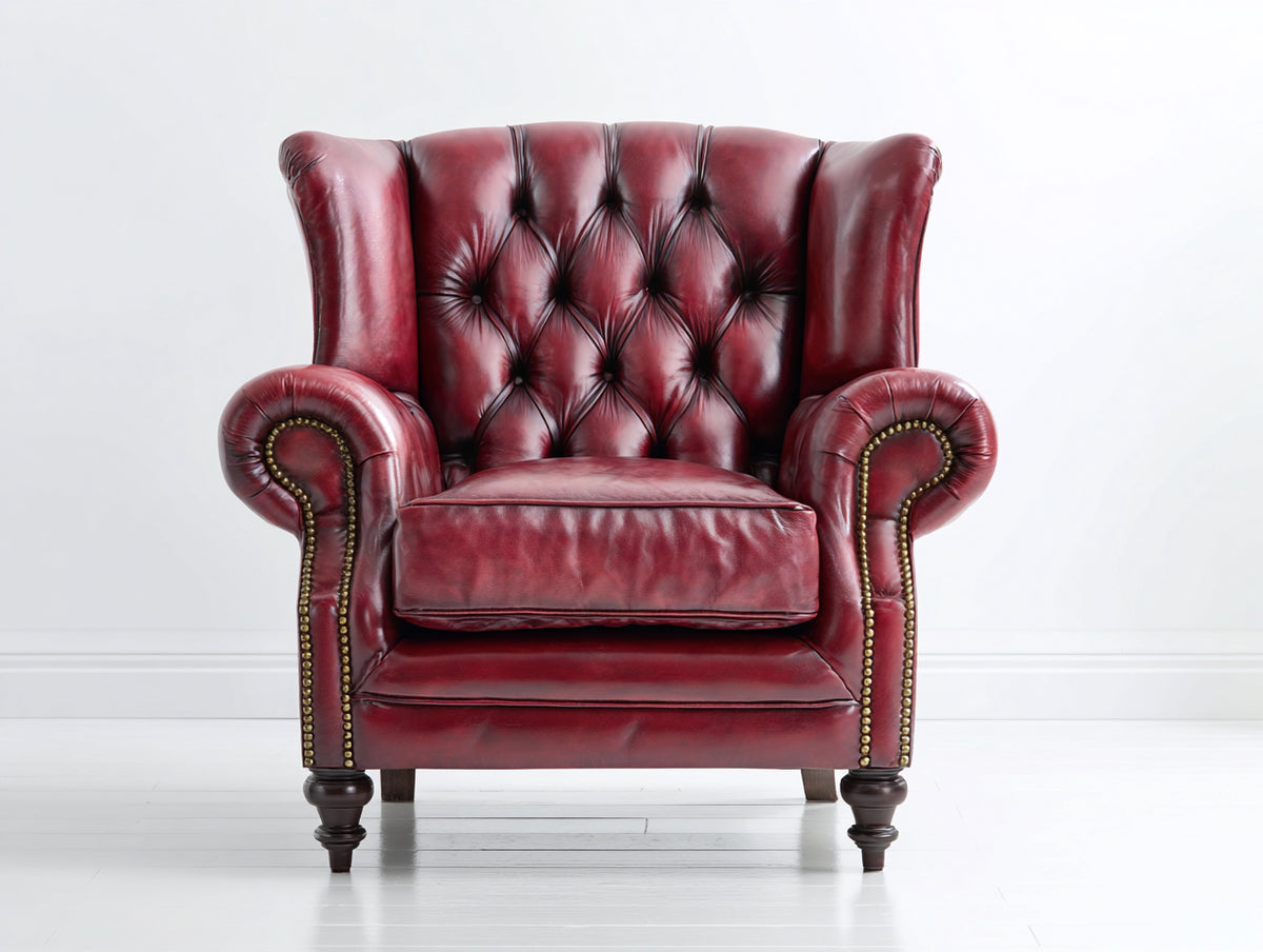 Sessel Leder und Holz 92x88x105 cm - Bordeauxrot - Klassischer Chesterfield Ohrensessel mit Nietenbesatz