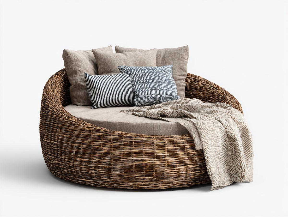 Gartensofa aus Rattan 190 x 150 x 85 cm - Natur Beige - rundes Lounge Design mit großzügiger Liegefläche