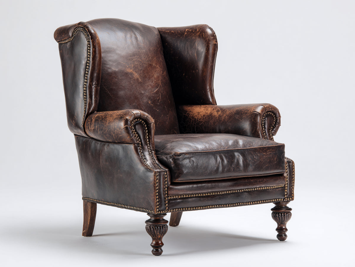 Sessel Leder und Holz 90x85x105 cm - Dunkelbraun - Klassischer Ohrensessel mit Nietenbesatz