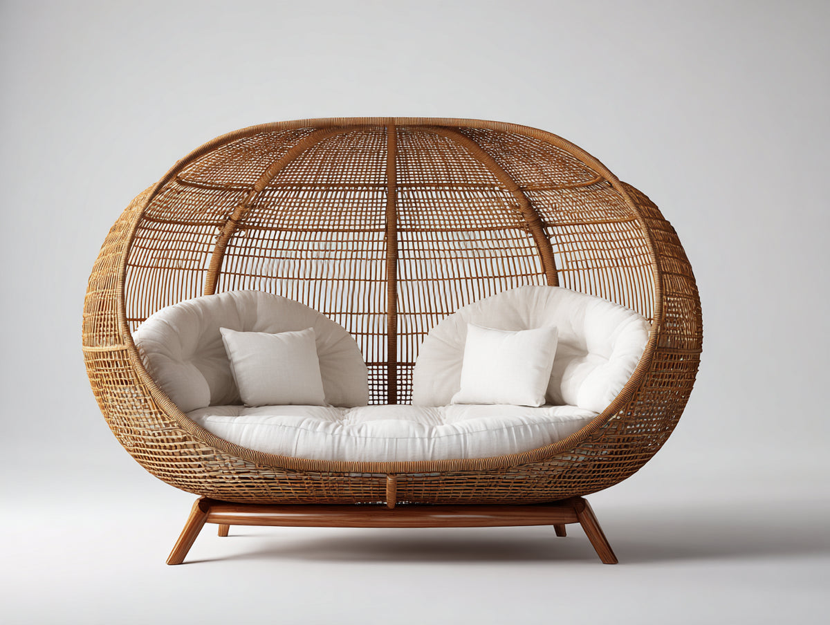 Gartensofa aus Polyrattan 210 x 105 x 160 cm - Natur-Weiß - Ovales Lounge-Design mit hoher Flechtumrahmung