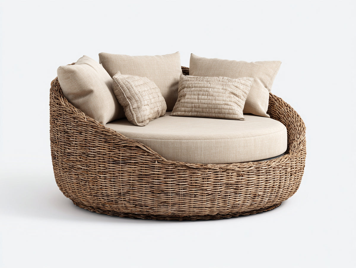 Gartensofa Polyrattan 165x155x78 cm - Naturbraun und Cremeweiß - Rundes Loungedesign mit breiter Sitzfläche